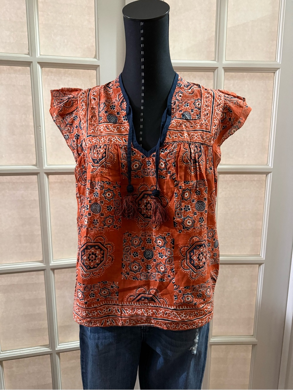 Faherty Orange Printed Tassel Tie Flutter Sleeve Blouse